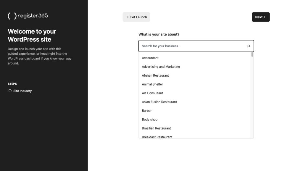 Step 1 - An image of the process of where you select your industry