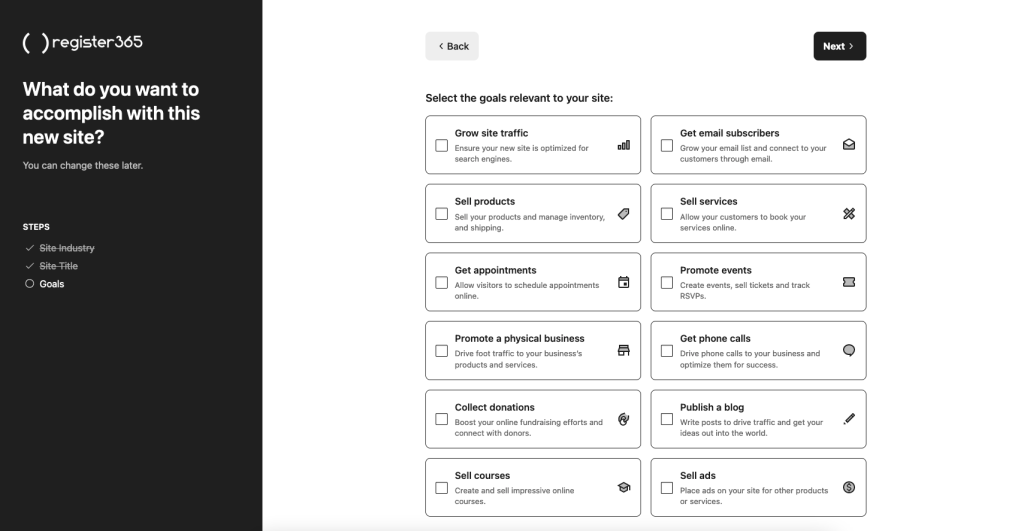 Step 2 - An image of the process of where you select your website goals