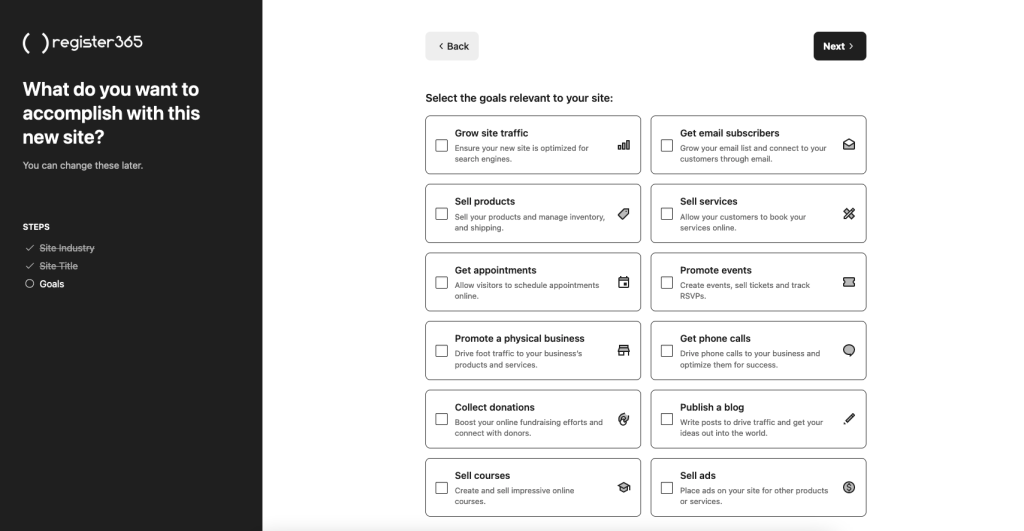 Step 2 -  An image of the process of where you select your website goals