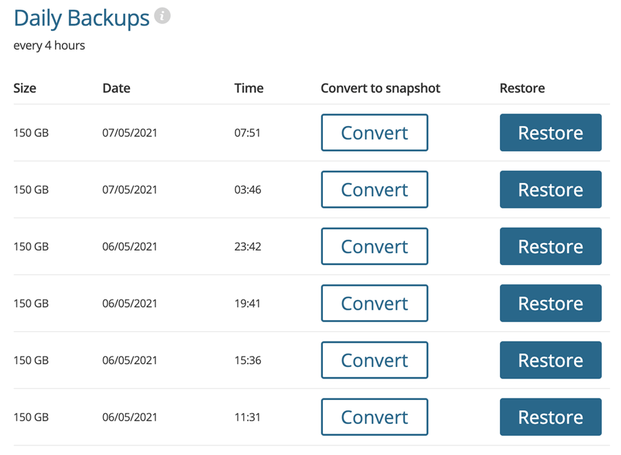 Saved backups listing