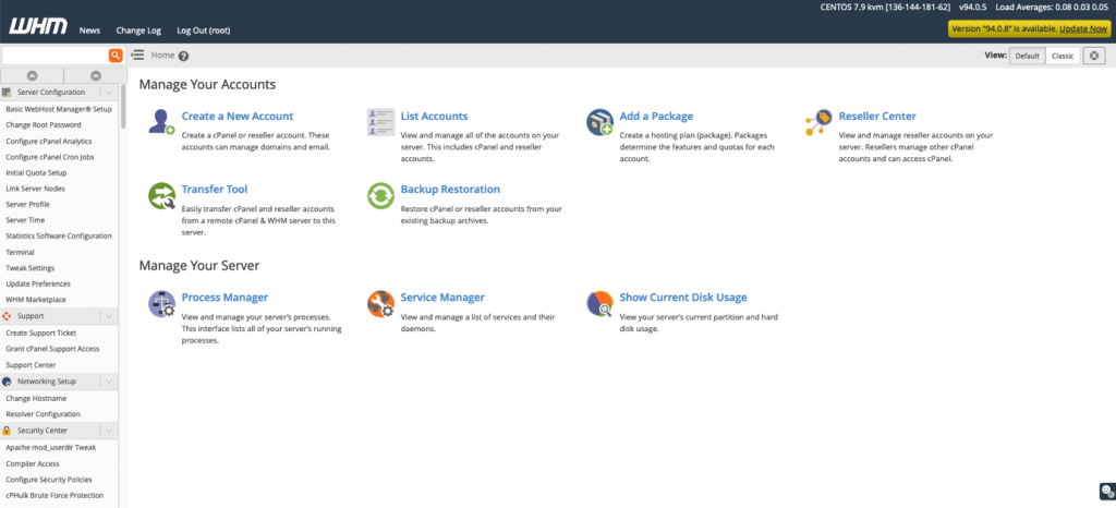cPanel WHM Home Page